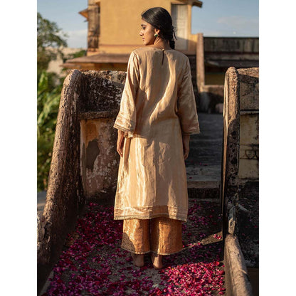 PRIYANKA RAAJIV Amari + Rafa - Beige Upcycled Brocade Kurta with Silk Brocade Pants (Set of 2)