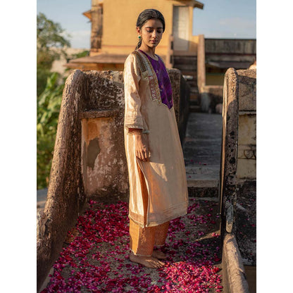 PRIYANKA RAAJIV Amari + Rafa - Beige Upcycled Brocade Kurta with Silk Brocade Pants (Set of 2)