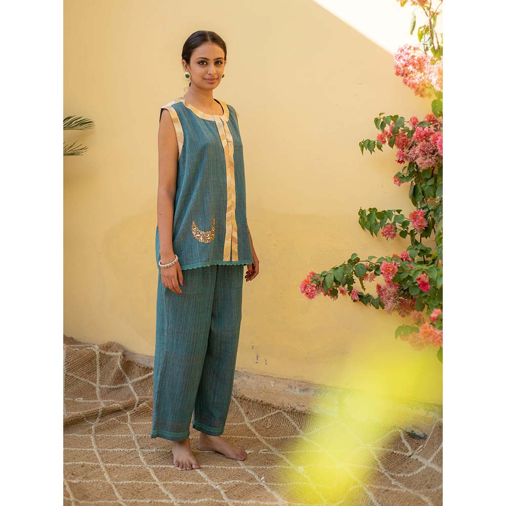 PRIYANKA RAAJIV Aadi - Teal Blue Organic Cotton Co-Ord with Upcycled Patchwork (Set of 2)