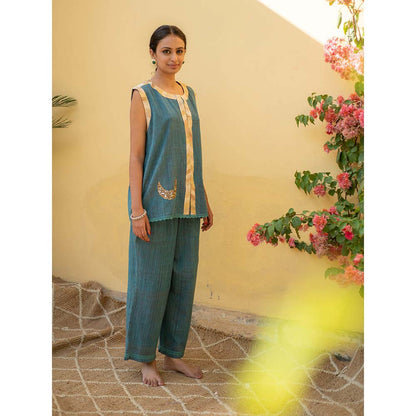 PRIYANKA RAAJIV Aadi - Teal Blue Organic Cotton Co-Ord with Upcycled Patchwork (Set of 2)
