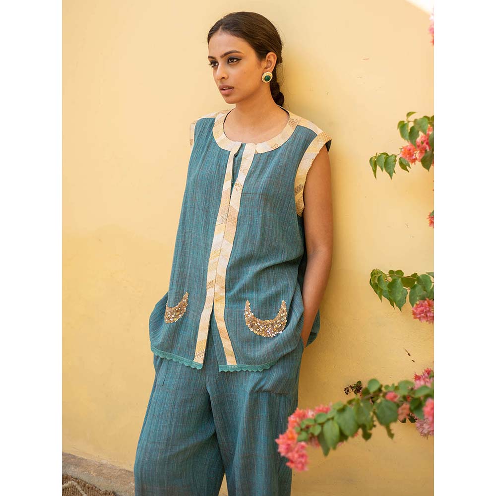 PRIYANKA RAAJIV Aadi - Teal Blue Organic Cotton Co-Ord with Upcycled Patchwork (Set of 2)