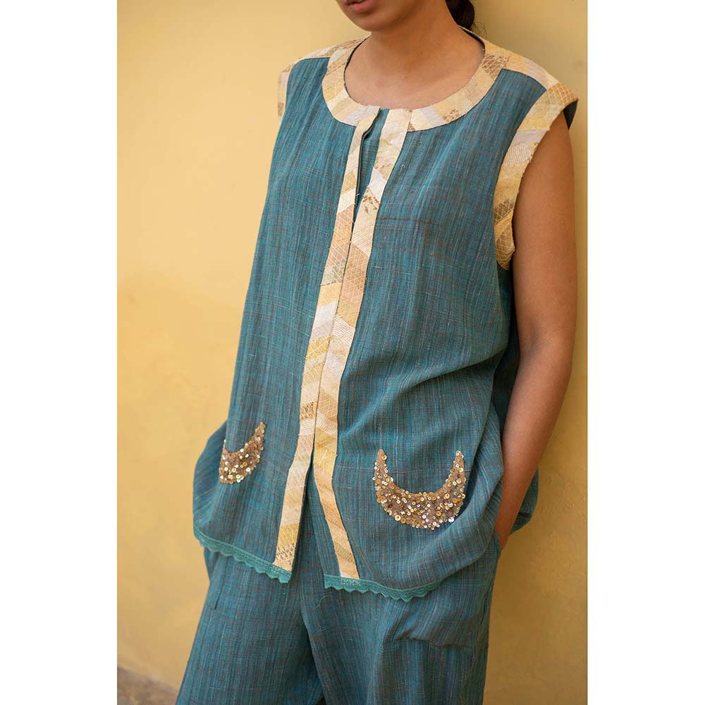 PRIYANKA RAAJIV Aadi - Teal Blue Organic Cotton Co-Ord with Upcycled Patchwork (Set of 2)