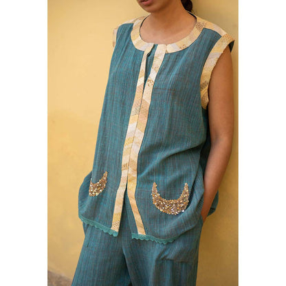 PRIYANKA RAAJIV Aadi - Teal Blue Organic Cotton Co-Ord with Upcycled Patchwork (Set of 2)