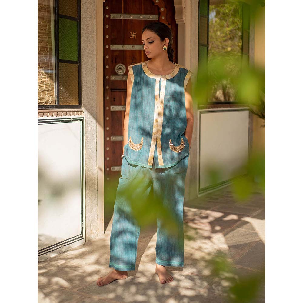 PRIYANKA RAAJIV Aadi - Teal Blue Organic Cotton Co-Ord with Upcycled Patchwork (Set of 2)