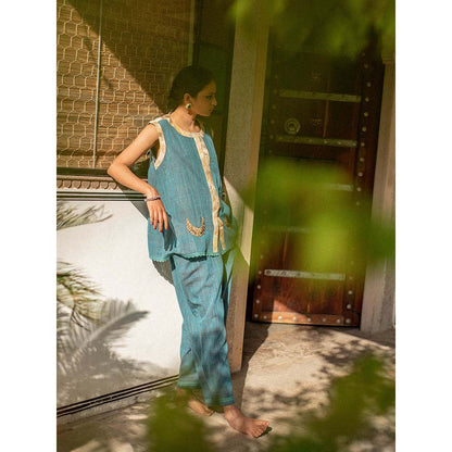 PRIYANKA RAAJIV Aadi - Teal Blue Organic Cotton Co-Ord with Upcycled Patchwork (Set of 2)