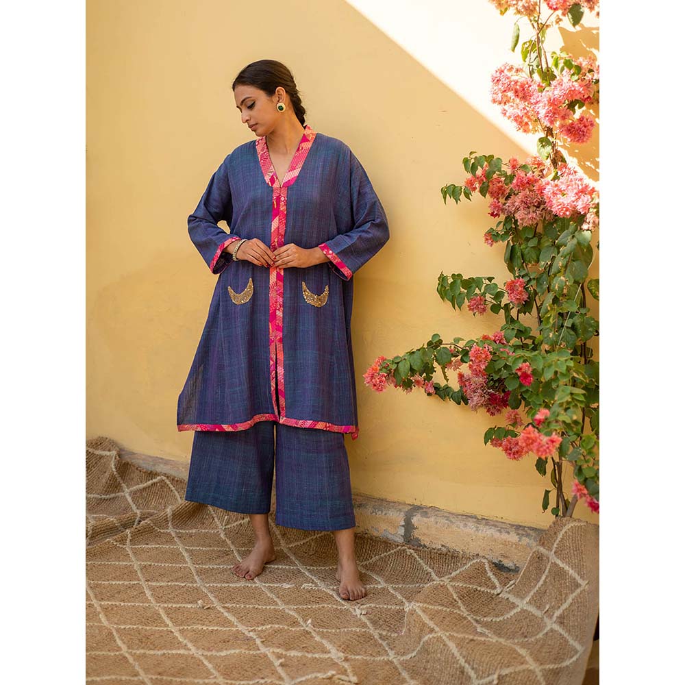 PRIYANKA RAAJIV Aroon - Saphire Cotton Co -Ord with Upcycled Patchwork Detailing (Set of 2)