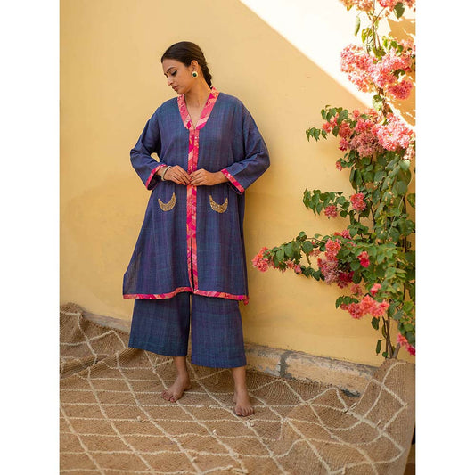 PRIYANKA RAAJIV Aroon - Saphire Cotton Co -Ord with Upcycled Patchwork Detailing (Set of 2)