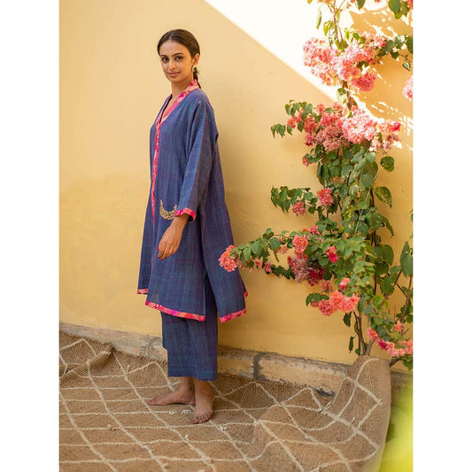 PRIYANKA RAAJIV Aroon - Saphire Cotton Co -Ord with Upcycled Patchwork Detailing (Set of 2)