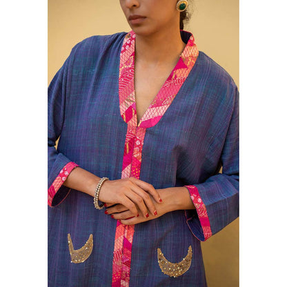 PRIYANKA RAAJIV Aroon - Saphire Cotton Co -Ord with Upcycled Patchwork Detailing (Set of 2)