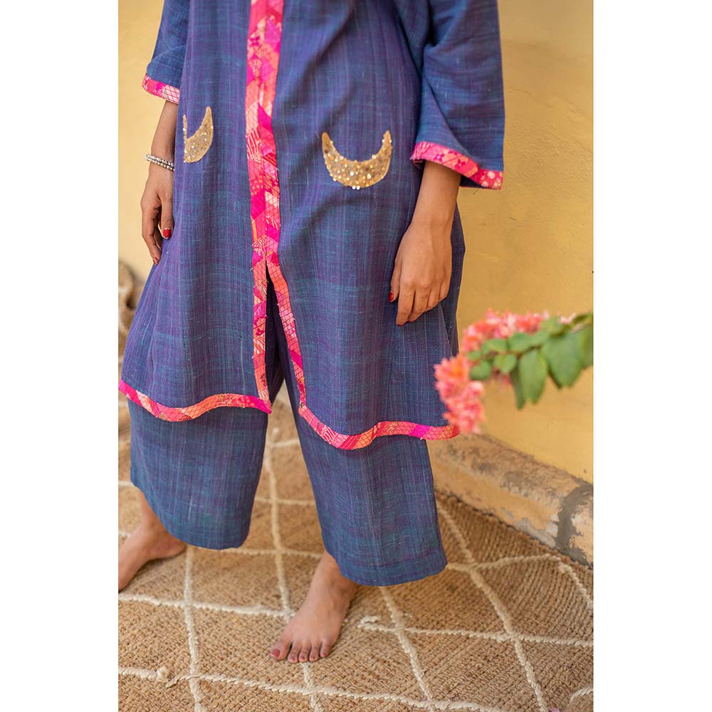 PRIYANKA RAAJIV Aroon - Saphire Cotton Co -Ord with Upcycled Patchwork Detailing (Set of 2)