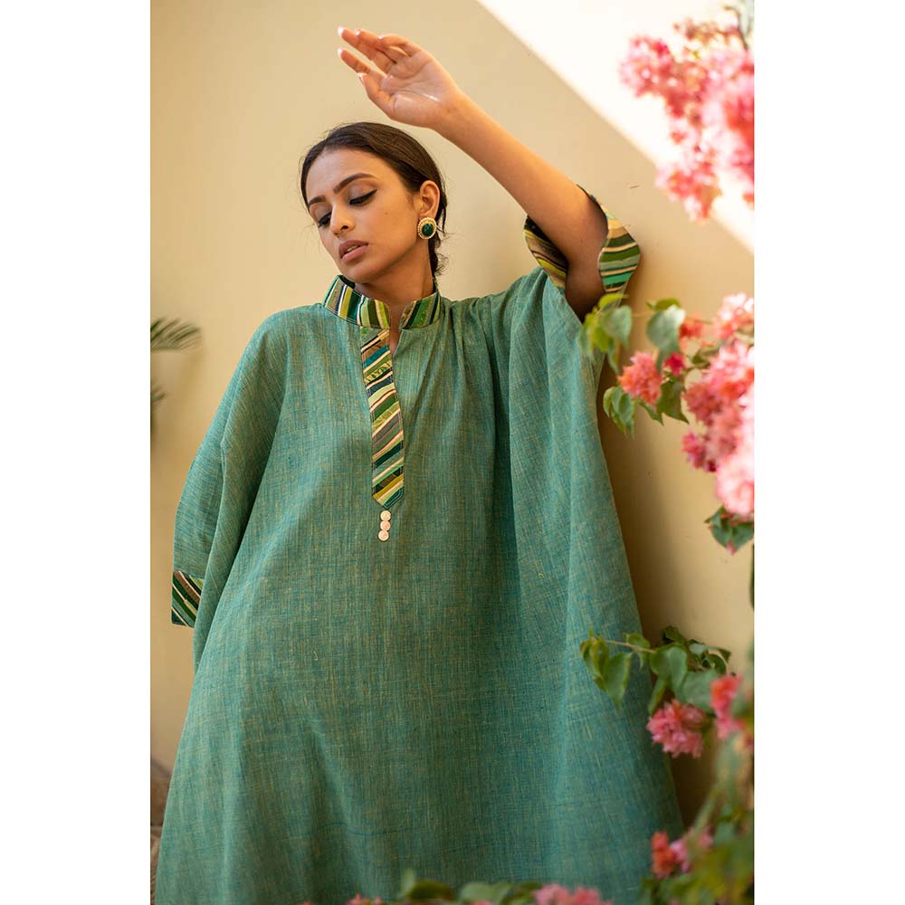 PRIYANKA RAAJIV Sadeh - Green Cotton Kaftan Style Co -Ord with Patchwork Detailing (Set of 2)