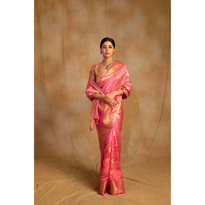 PRIYANKA RAAJIV Deepa Pink Silk Chanderi Saree with Unstitched Blouse