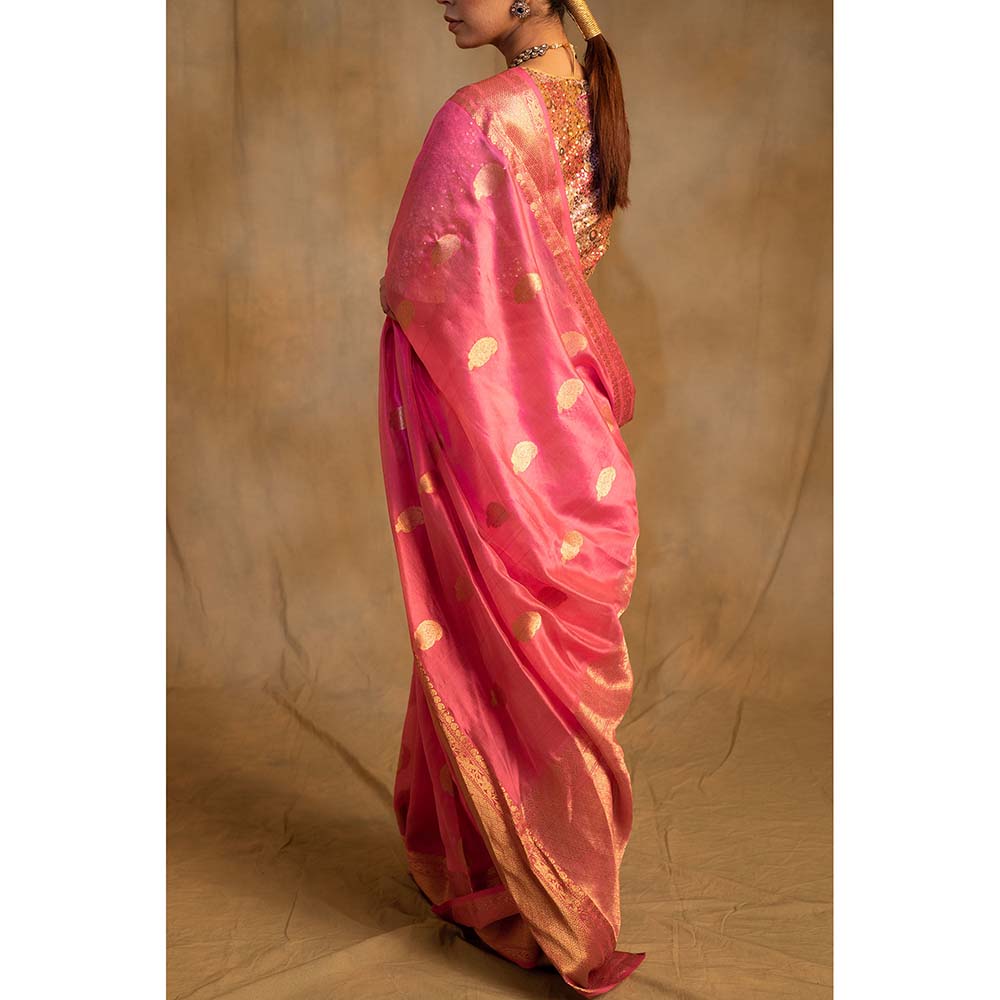 PRIYANKA RAAJIV Deepa Pink Silk Chanderi Saree with Unstitched Blouse