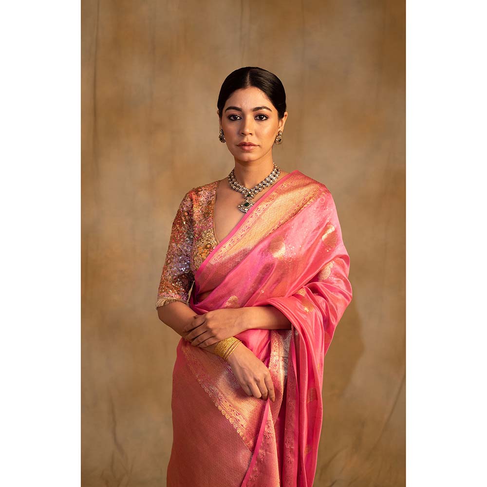 PRIYANKA RAAJIV Deepa Pink Silk Chanderi Saree with Unstitched Blouse