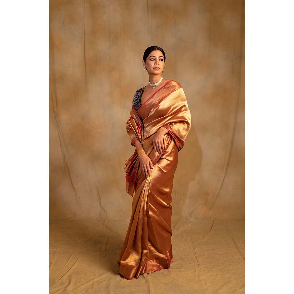 PRIYANKA RAAJIV Kylee Gold Silk Chanderi Sareee with Unstitched Blouse