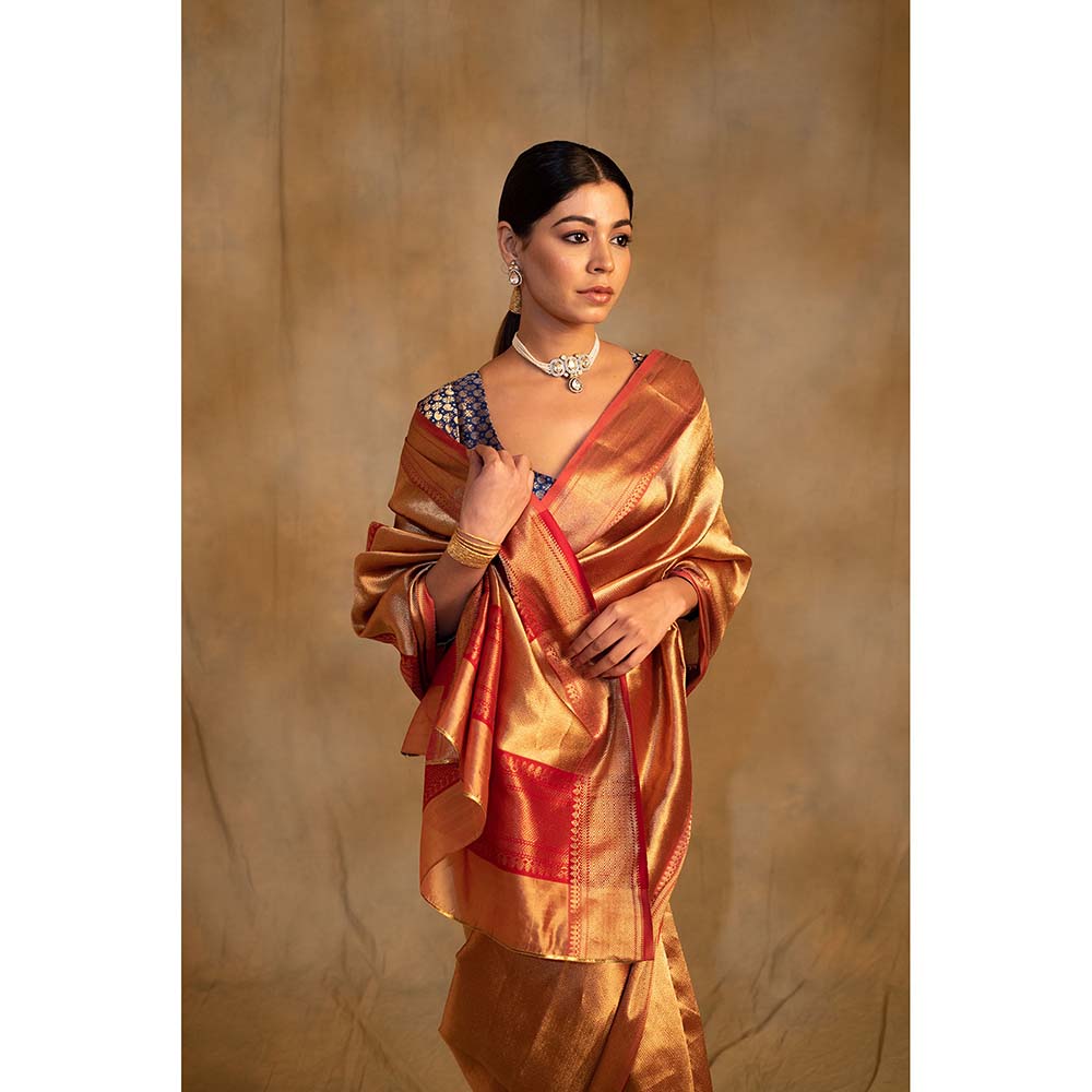 PRIYANKA RAAJIV Kylee Gold Silk Chanderi Sareee with Unstitched Blouse