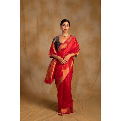 PRIYANKA RAAJIV Sora Vermillion Red Silk Chanderi Saree with Unstitched Blouse