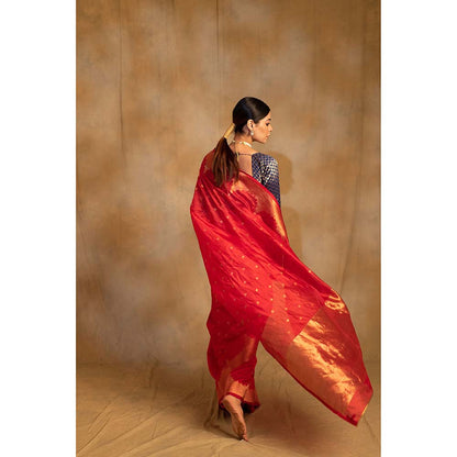 PRIYANKA RAAJIV Sora Vermillion Red Silk Chanderi Saree with Unstitched Blouse