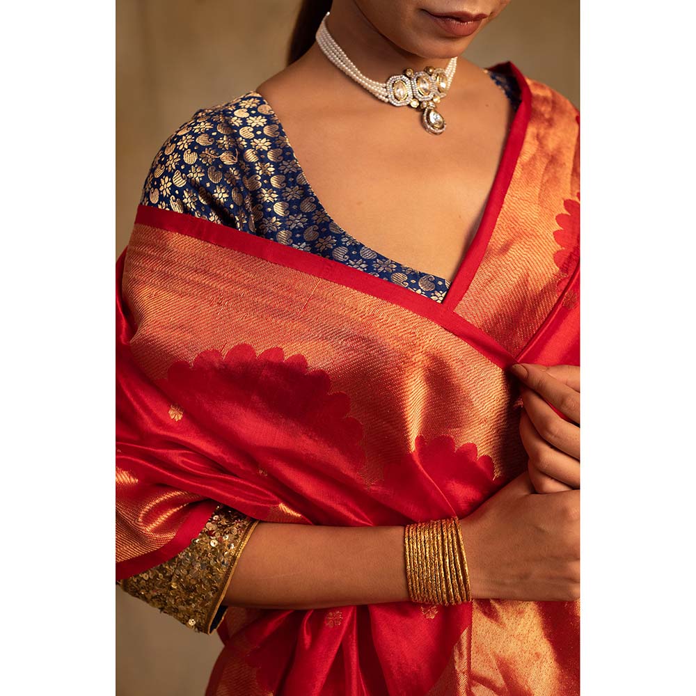 PRIYANKA RAAJIV Sora Vermillion Red Silk Chanderi Saree with Unstitched Blouse