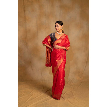 PRIYANKA RAAJIV Sora Vermillion Red Silk Chanderi Saree with Unstitched Blouse