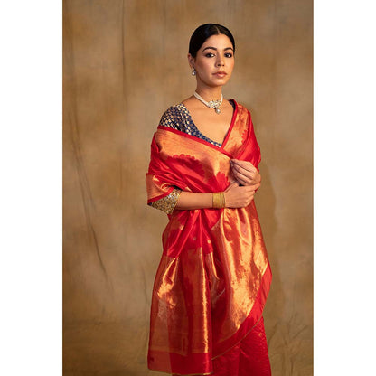 PRIYANKA RAAJIV Sora Vermillion Red Silk Chanderi Saree with Unstitched Blouse