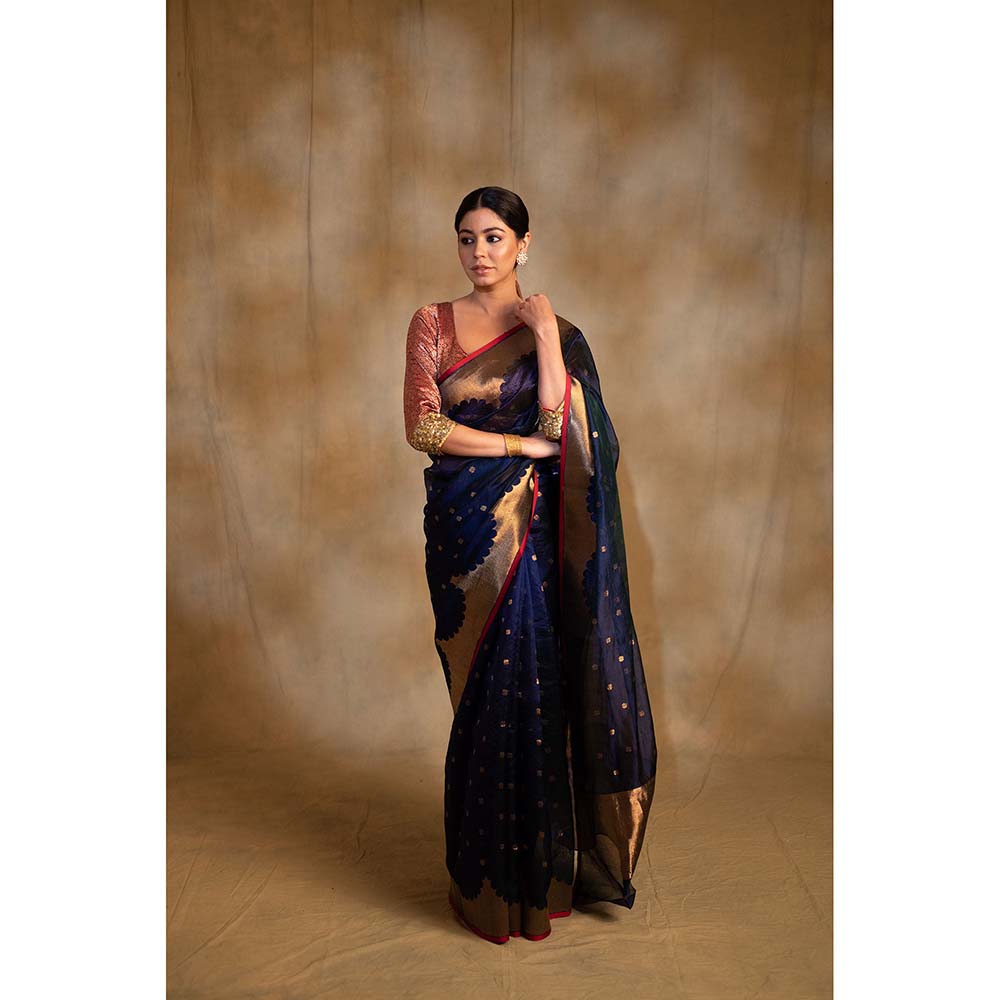 PRIYANKA RAAJIV Sora Royal Blue Silk Chanderi Saree with Unstitched Blouse
