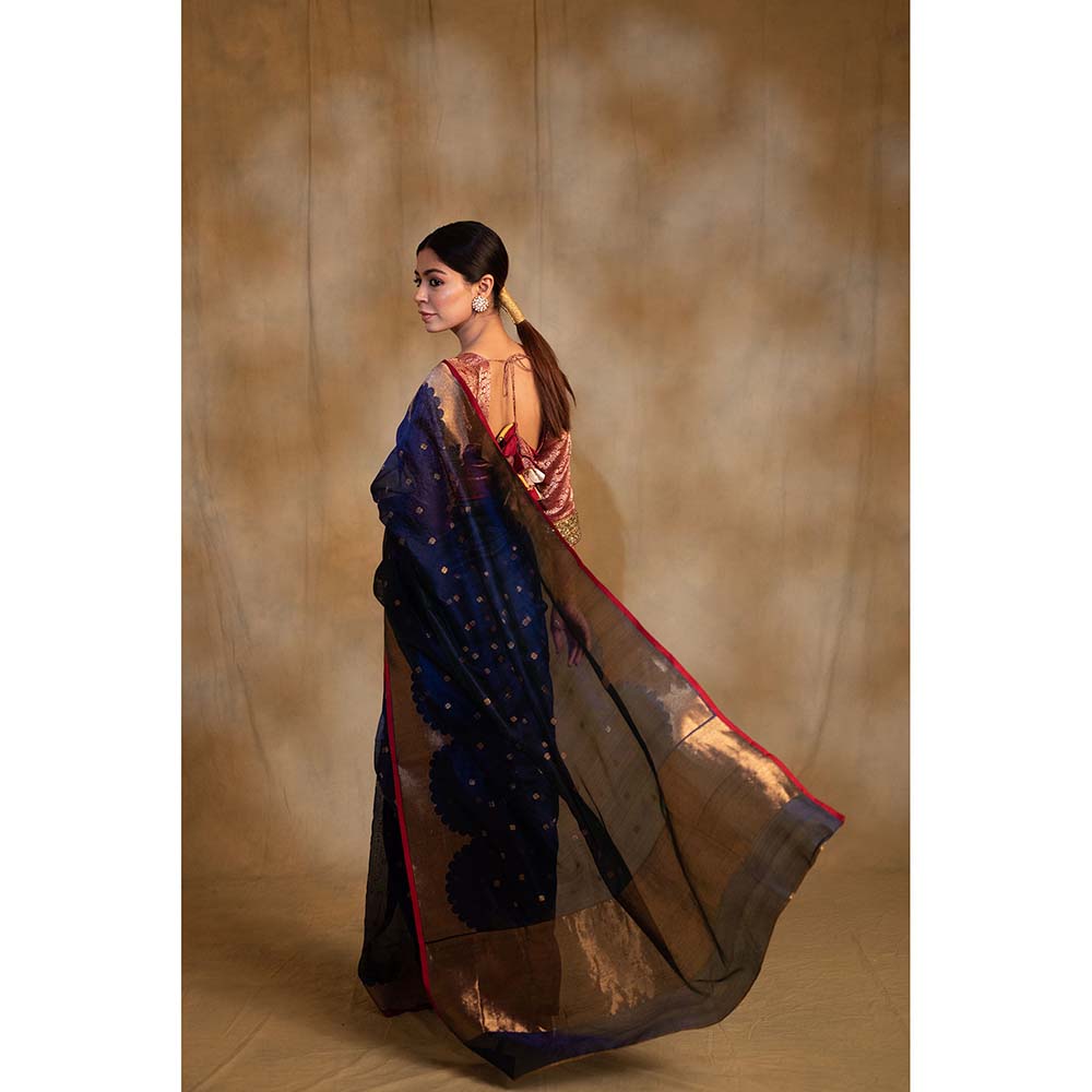 PRIYANKA RAAJIV Sora Royal Blue Silk Chanderi Saree with Unstitched Blouse