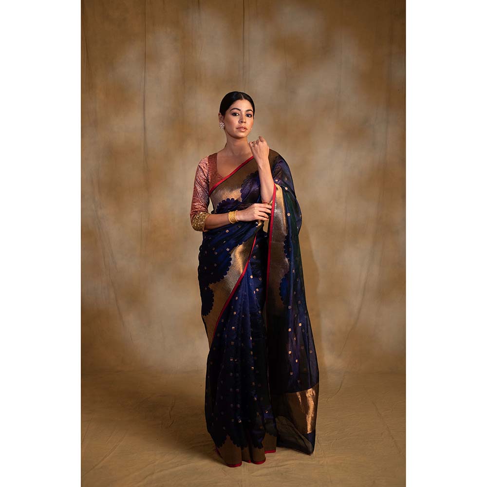 PRIYANKA RAAJIV Sora Royal Blue Silk Chanderi Saree with Unstitched Blouse