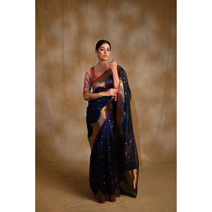PRIYANKA RAAJIV Sora Royal Blue Silk Chanderi Saree with Unstitched Blouse