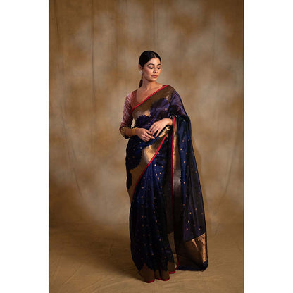 PRIYANKA RAAJIV Sora Royal Blue Silk Chanderi Saree with Unstitched Blouse