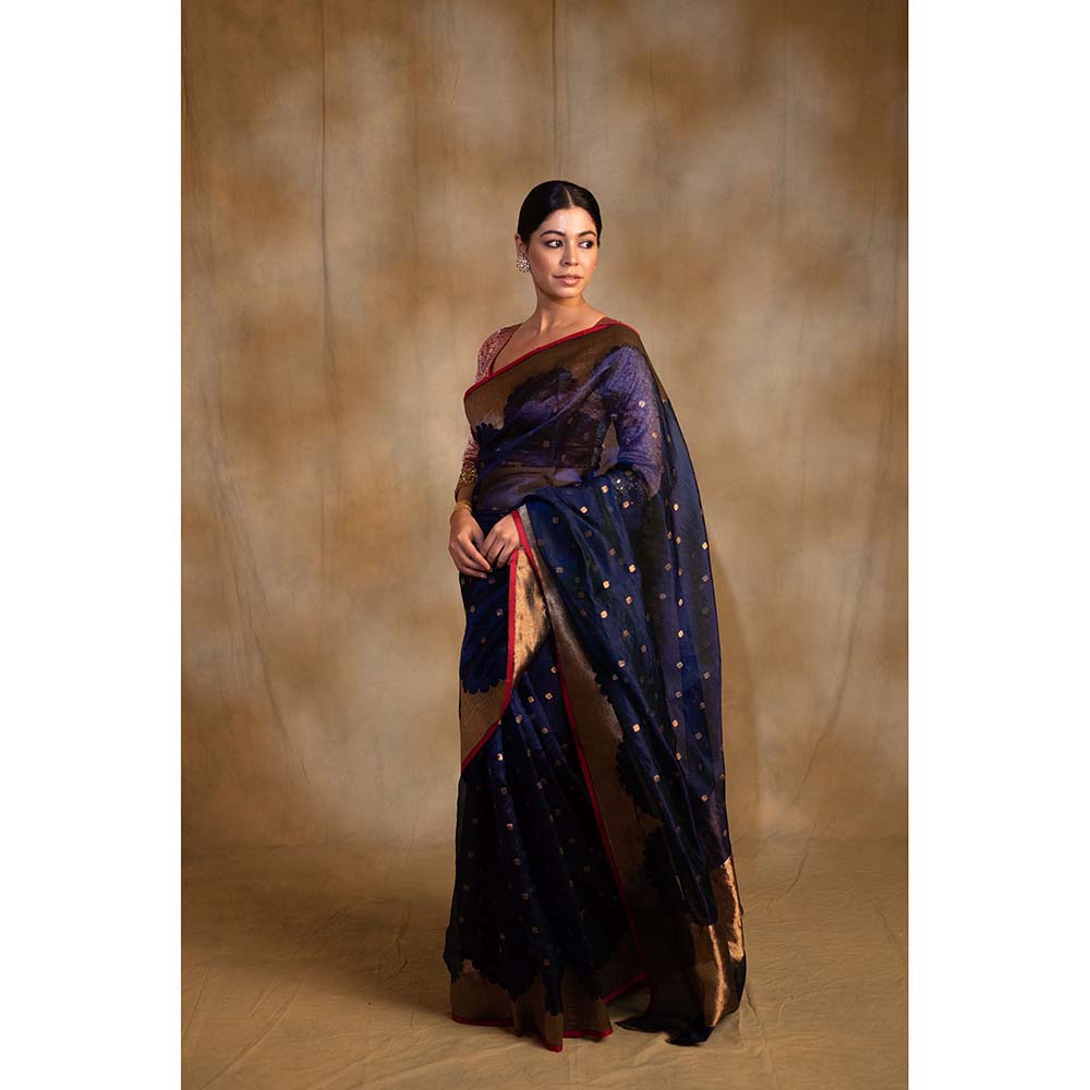 PRIYANKA RAAJIV Sora Royal Blue Silk Chanderi Saree with Unstitched Blouse
