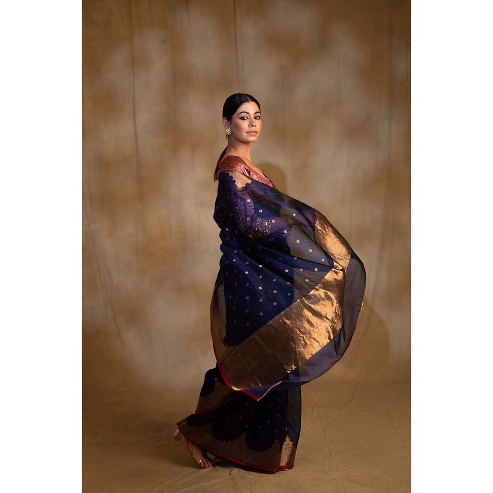 PRIYANKA RAAJIV Sora Royal Blue Silk Chanderi Saree with Unstitched Blouse