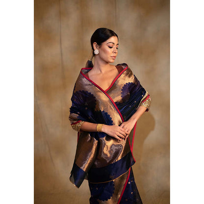 PRIYANKA RAAJIV Sora Royal Blue Silk Chanderi Saree with Unstitched Blouse