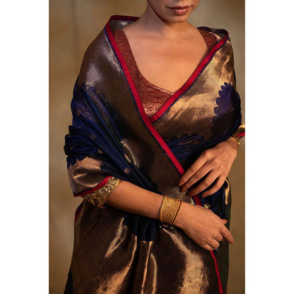 PRIYANKA RAAJIV Sora Royal Blue Silk Chanderi Saree with Unstitched Blouse