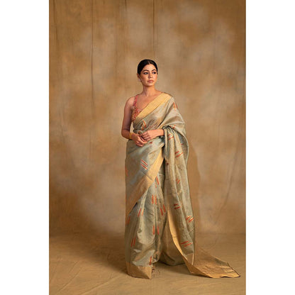 PRIYANKA RAAJIV Kuu Green And Gold Silk Saree with Unstitched Blouse