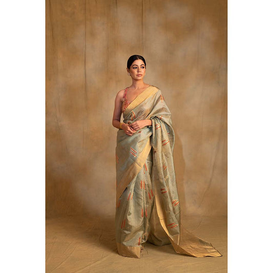 PRIYANKA RAAJIV Kuu Green And Gold Silk Saree with Unstitched Blouse