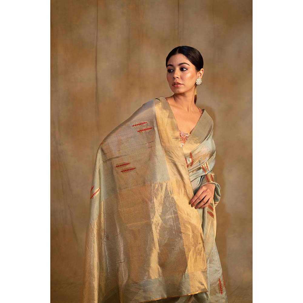 PRIYANKA RAAJIV Kuu Green And Gold Silk Saree with Unstitched Blouse