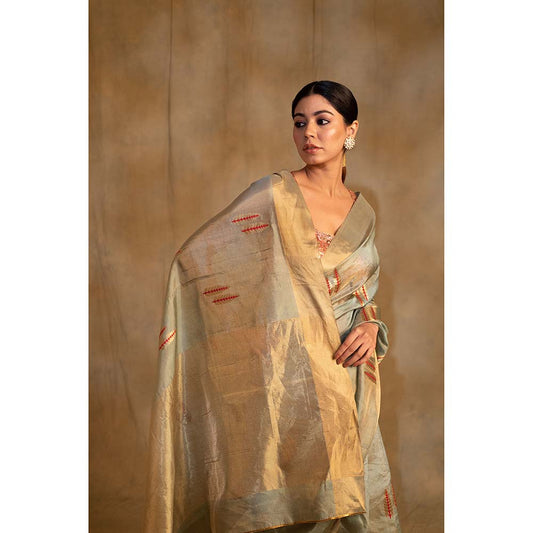 PRIYANKA RAAJIV Kuu Green And Gold Silk Saree with Unstitched Blouse