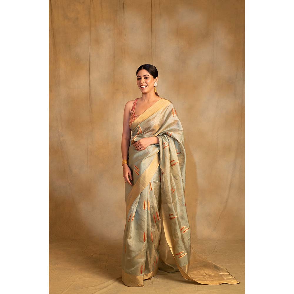 PRIYANKA RAAJIV Kuu Green And Gold Silk Saree with Unstitched Blouse