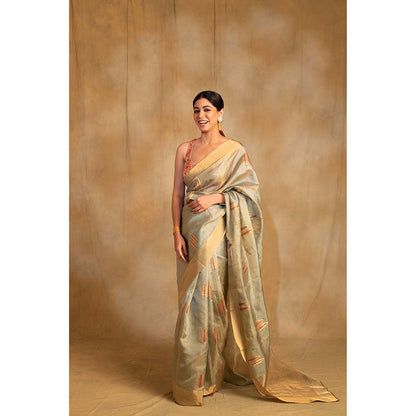 PRIYANKA RAAJIV Kuu Green And Gold Silk Saree with Unstitched Blouse