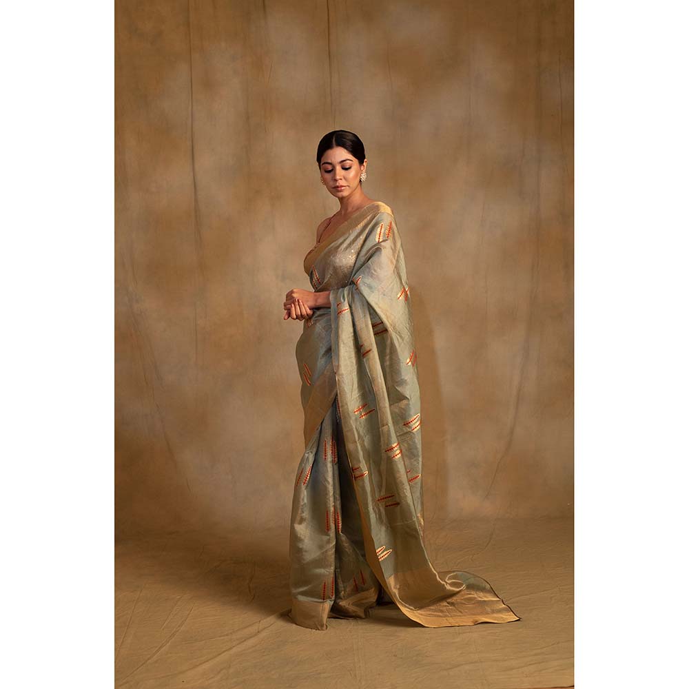 PRIYANKA RAAJIV Kuu Green And Gold Silk Saree with Unstitched Blouse