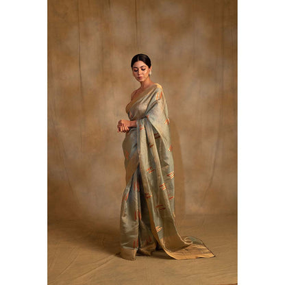 PRIYANKA RAAJIV Kuu Green And Gold Silk Saree with Unstitched Blouse
