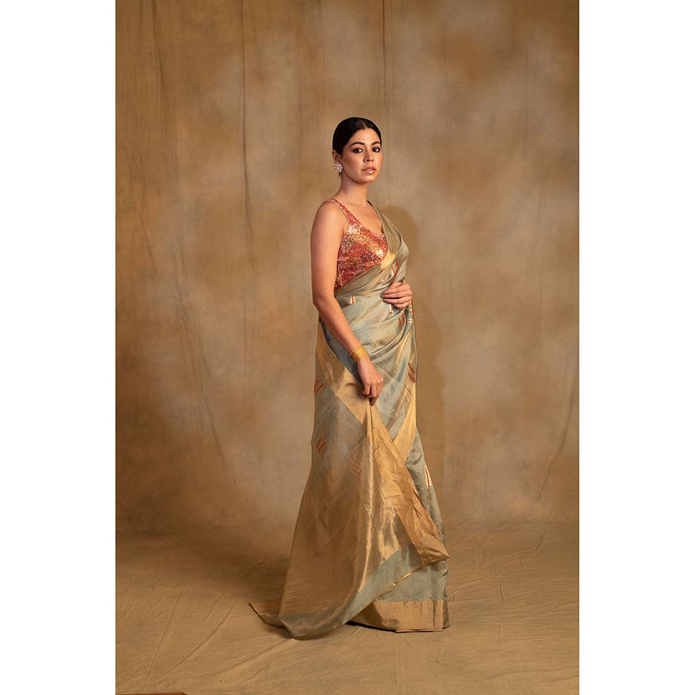 PRIYANKA RAAJIV Kuu Green And Gold Silk Saree with Unstitched Blouse