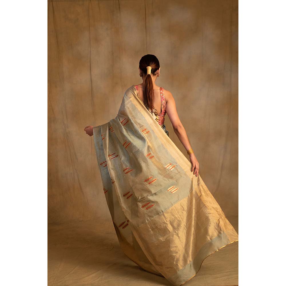 PRIYANKA RAAJIV Kuu Green And Gold Silk Saree with Unstitched Blouse