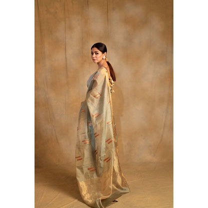 PRIYANKA RAAJIV Kuu Green And Gold Silk Saree with Unstitched Blouse