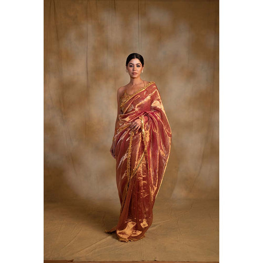 PRIYANKA RAAJIV Teej Pink Gold Silk Tissue Saree with Unstitched Blouse