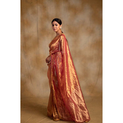 PRIYANKA RAAJIV Teej Pink Gold Silk Tissue Saree with Unstitched Blouse