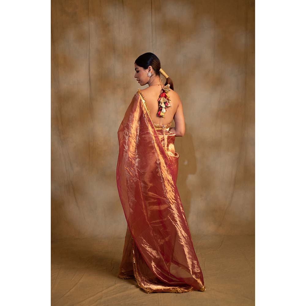 PRIYANKA RAAJIV Teej Pink Gold Silk Tissue Saree with Unstitched Blouse