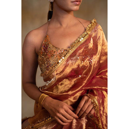 PRIYANKA RAAJIV Teej Pink Gold Silk Tissue Saree with Unstitched Blouse