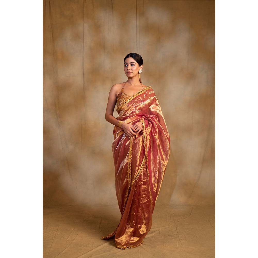 PRIYANKA RAAJIV Teej Pink Gold Silk Tissue Saree with Unstitched Blouse